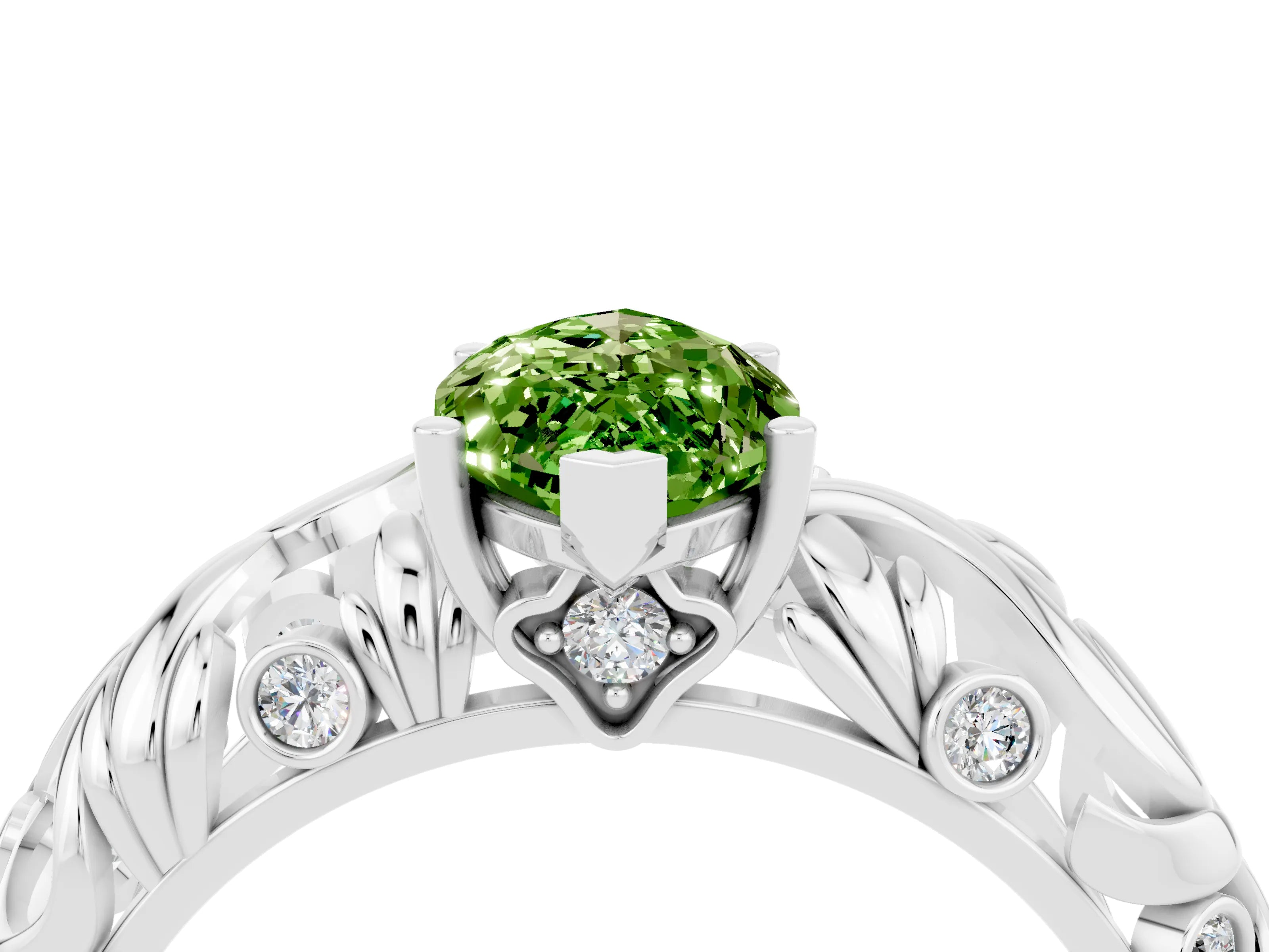 White gold Marquise Cut Solitaire Peridot Leaf-Inspired Vine Band Ring with Prong Setting_4