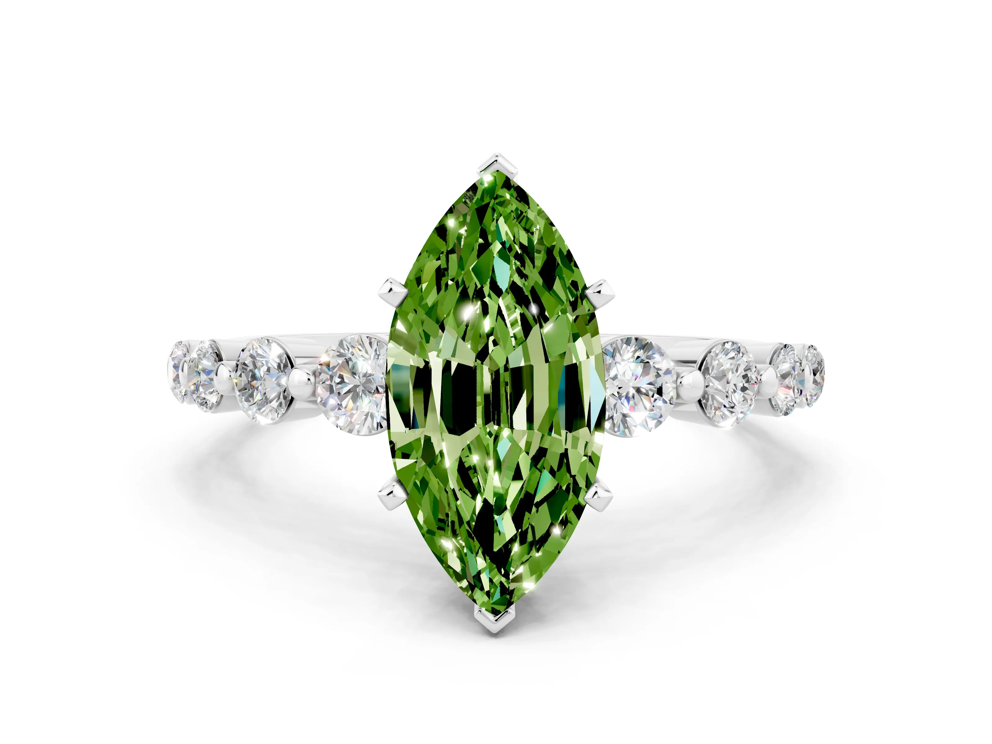 White gold Marquise Cut Solitaire Peridot Ring with Pave Band and Four-Prong Setting