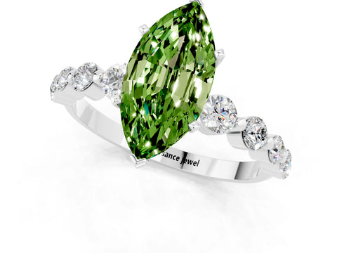 White gold Marquise Cut Solitaire Peridot Ring with Pave Band and Four-Prong Setting_1