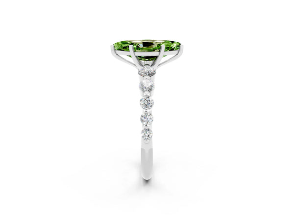 Platinum Marquise Cut Solitaire Peridot Ring with Pave Band and Four-Prong Setting