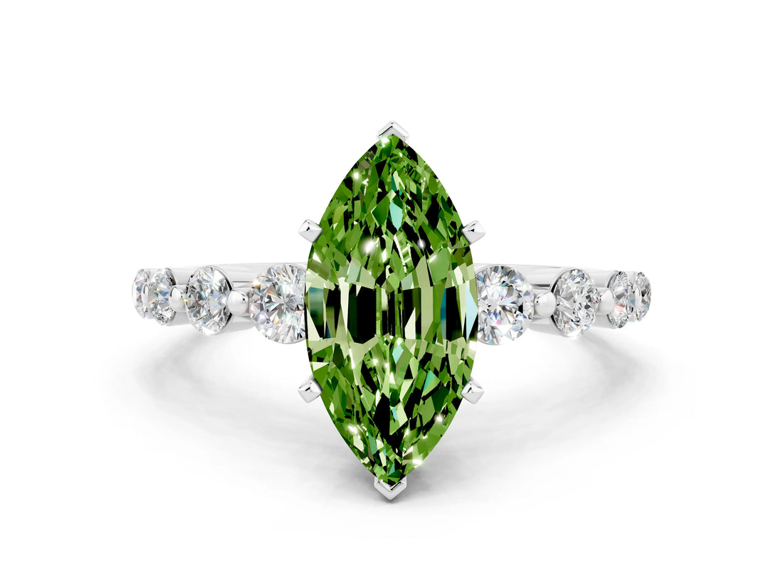 White gold Marquise Cut Solitaire Peridot Ring with Pave Band and Four-Prong Setting