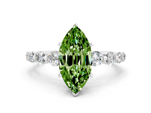 White gold Marquise Cut Solitaire Peridot Ring with Pave Band and Four-Prong Setting
