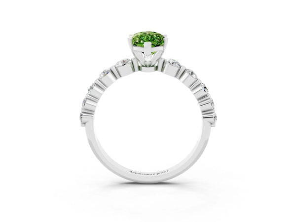 Silver Marquise Cut Solitaire Peridot Ring with Pave Band and Four-Prong Setting
