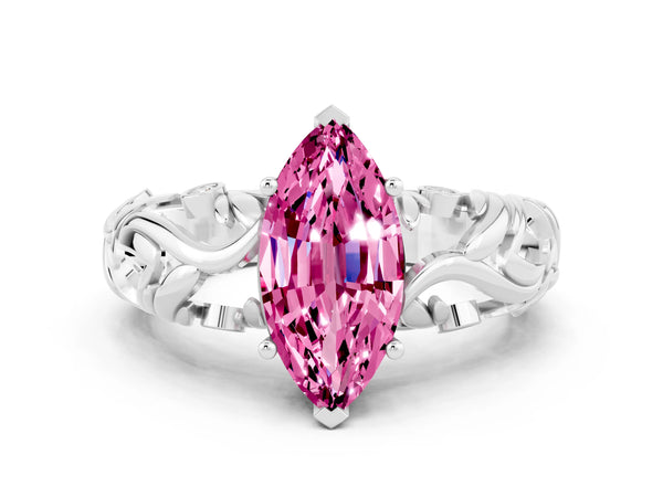 Platinum Marquise Cut Solitaire Pink Sapphire Leaf-Inspired Vine Band Ring with Prong Setting