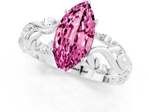 White gold Marquise Cut Solitaire Pink Sapphire Leaf-Inspired Vine Band Ring with Prong Setting_25