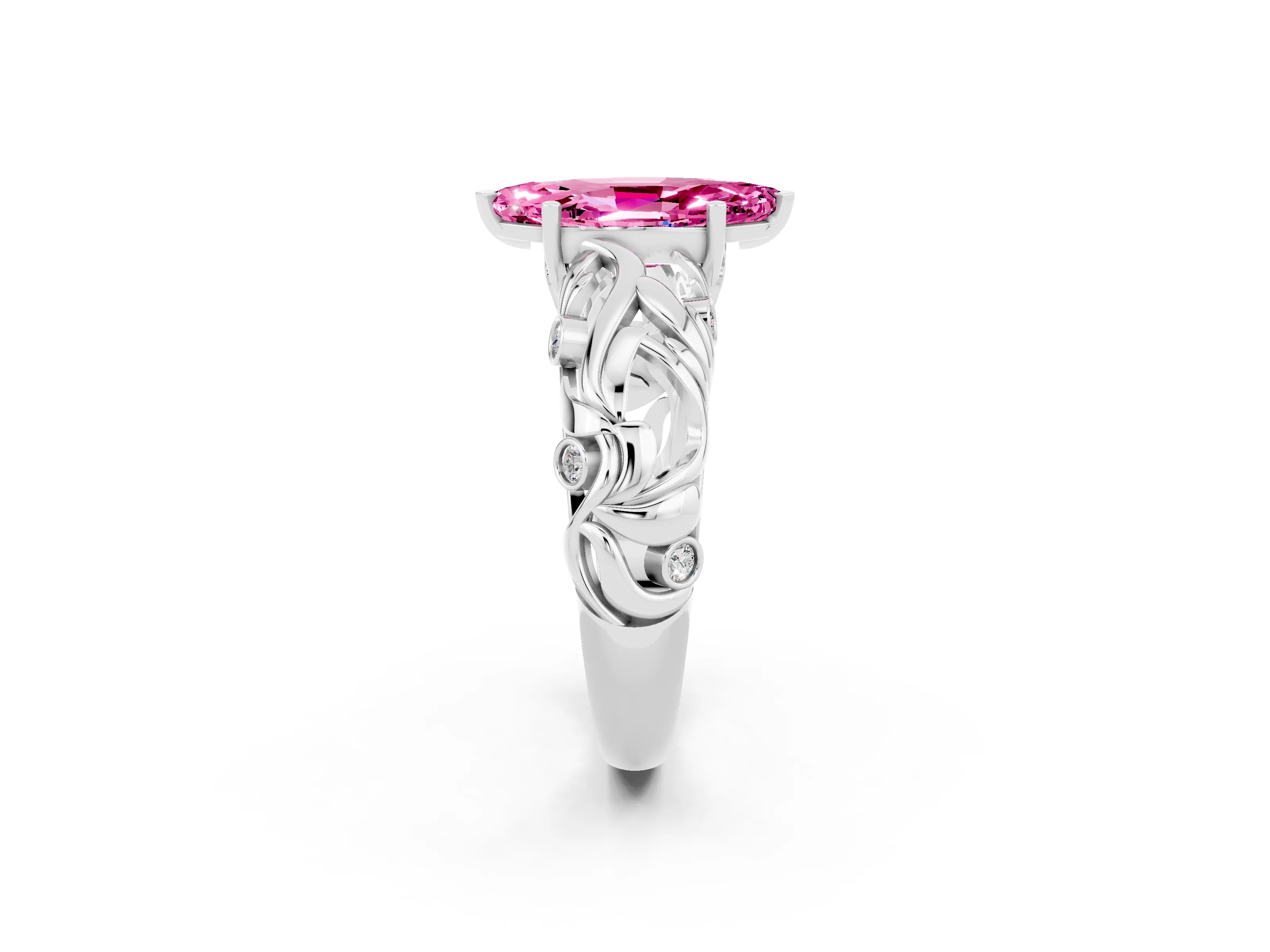 White gold Marquise Cut Solitaire Pink Sapphire Leaf-Inspired Vine Band Ring with Prong Setting_26