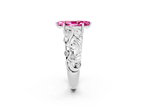 White gold Marquise Cut Solitaire Pink Sapphire Leaf-Inspired Vine Band Ring with Prong Setting_26