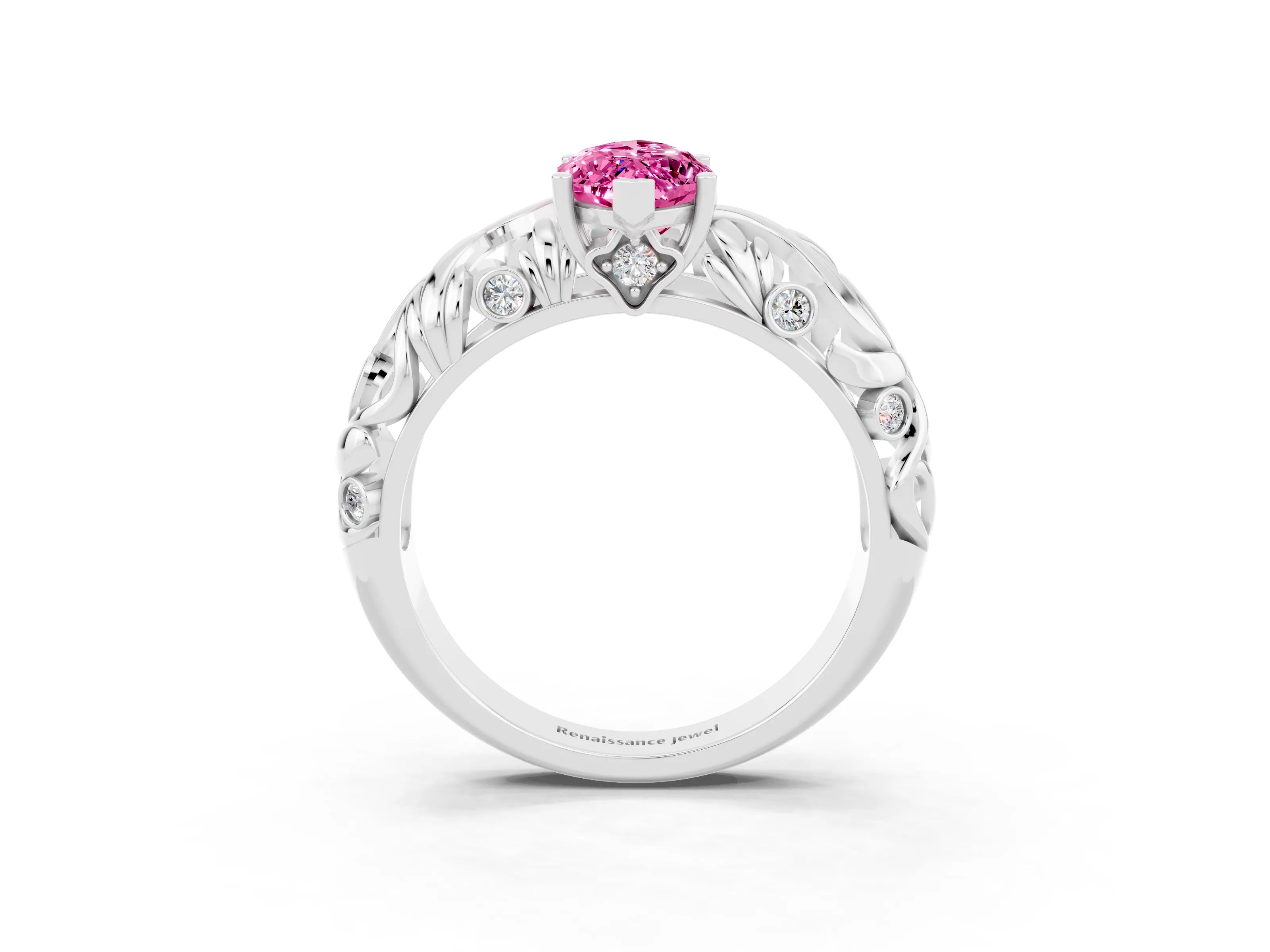 White gold Marquise Cut Solitaire Pink Sapphire Leaf-Inspired Vine Band Ring with Prong Setting_27