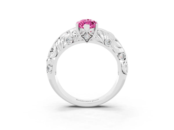Silver Marquise Cut Solitaire Pink Sapphire Leaf-Inspired Vine Band Ring with Prong Setting
