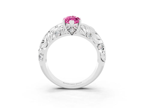 White gold Marquise Cut Solitaire Pink Sapphire Leaf-Inspired Vine Band Ring with Prong Setting_27
