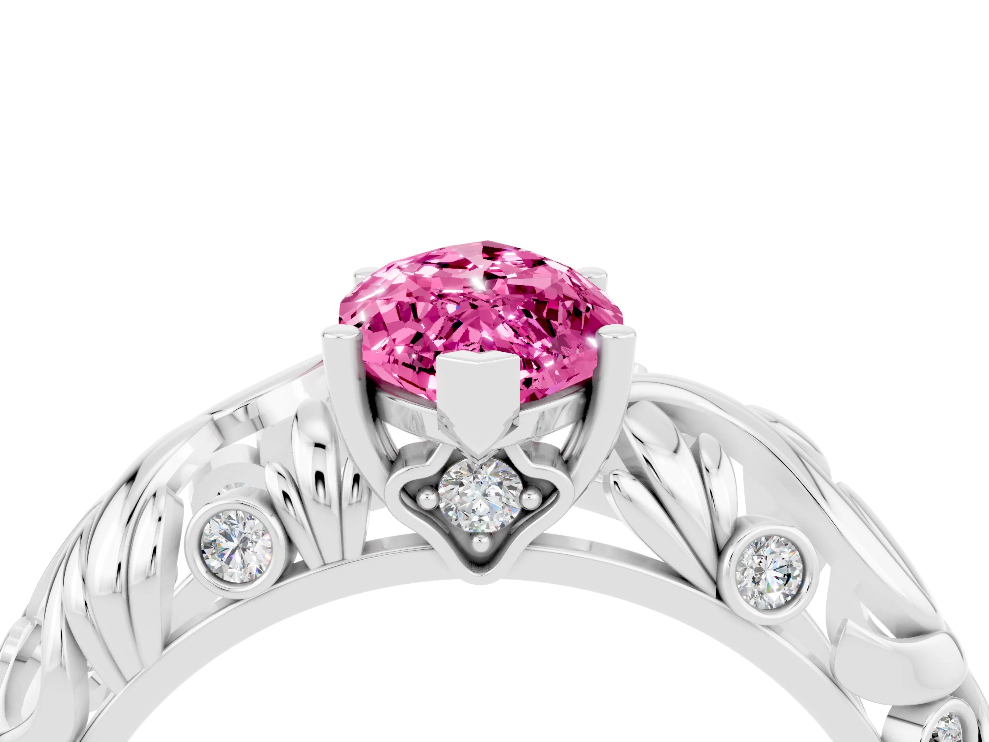 White gold Marquise Cut Solitaire Pink Sapphire Leaf-Inspired Vine Band Ring with Prong Setting_28