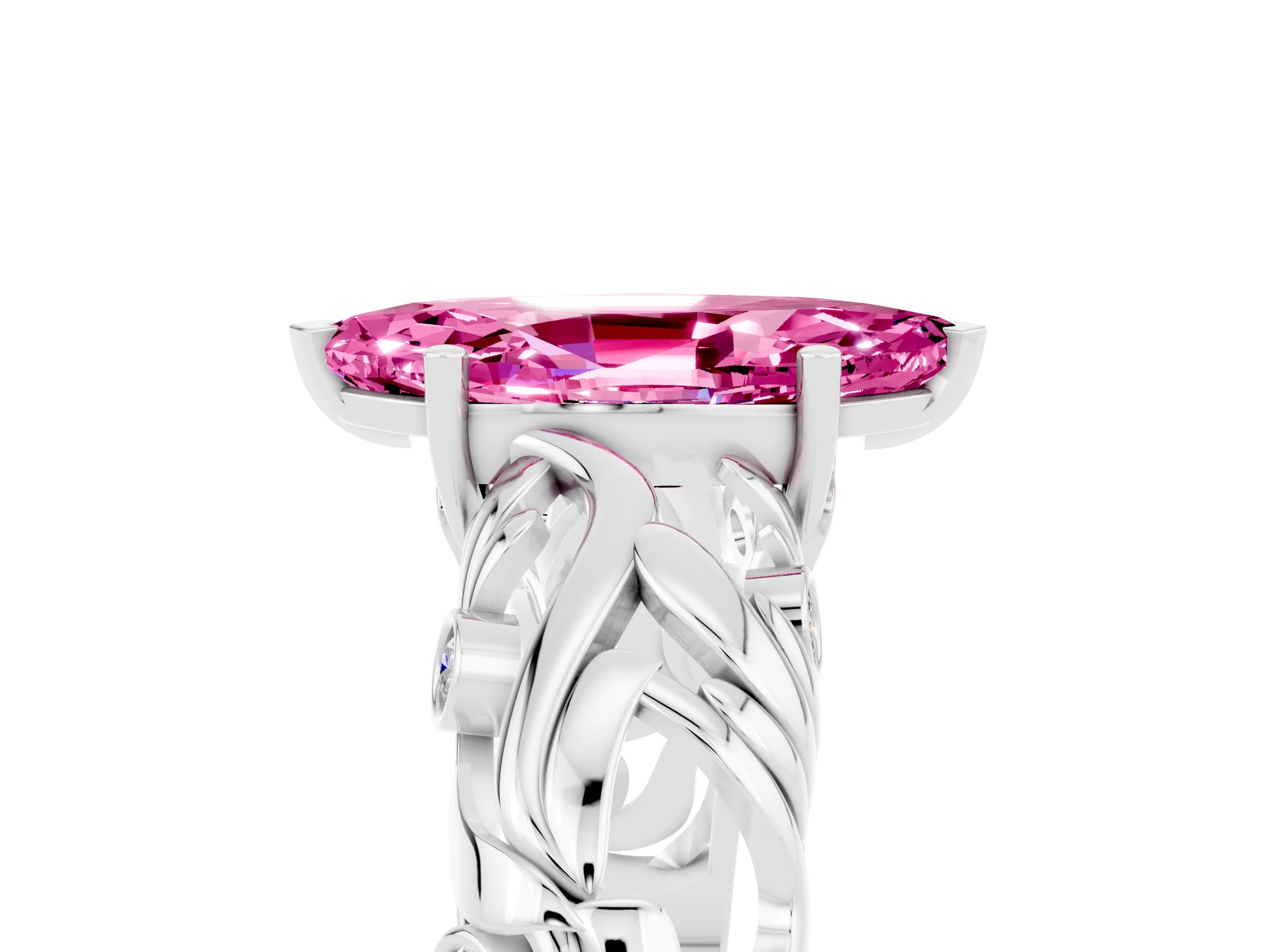 White gold Marquise Cut Solitaire Pink Sapphire Leaf-Inspired Vine Band Ring with Prong Setting_29