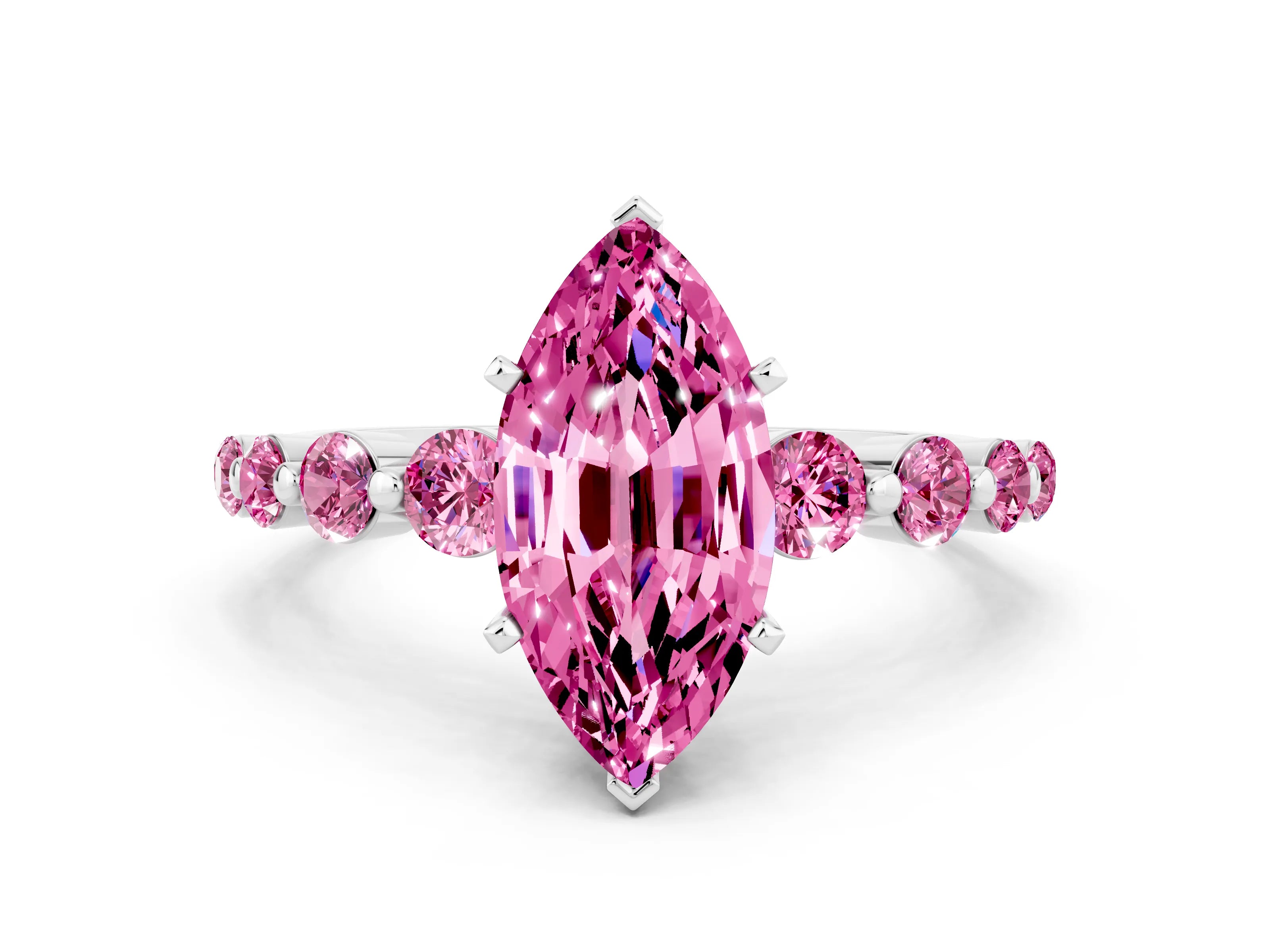 White gold Marquise Cut Solitaire Pink Sapphire Ring with Pave Band and Four-Prong Setting