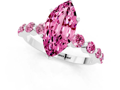 White gold Marquise Cut Solitaire Pink Sapphire Ring with Pave Band and Four-Prong Setting_1