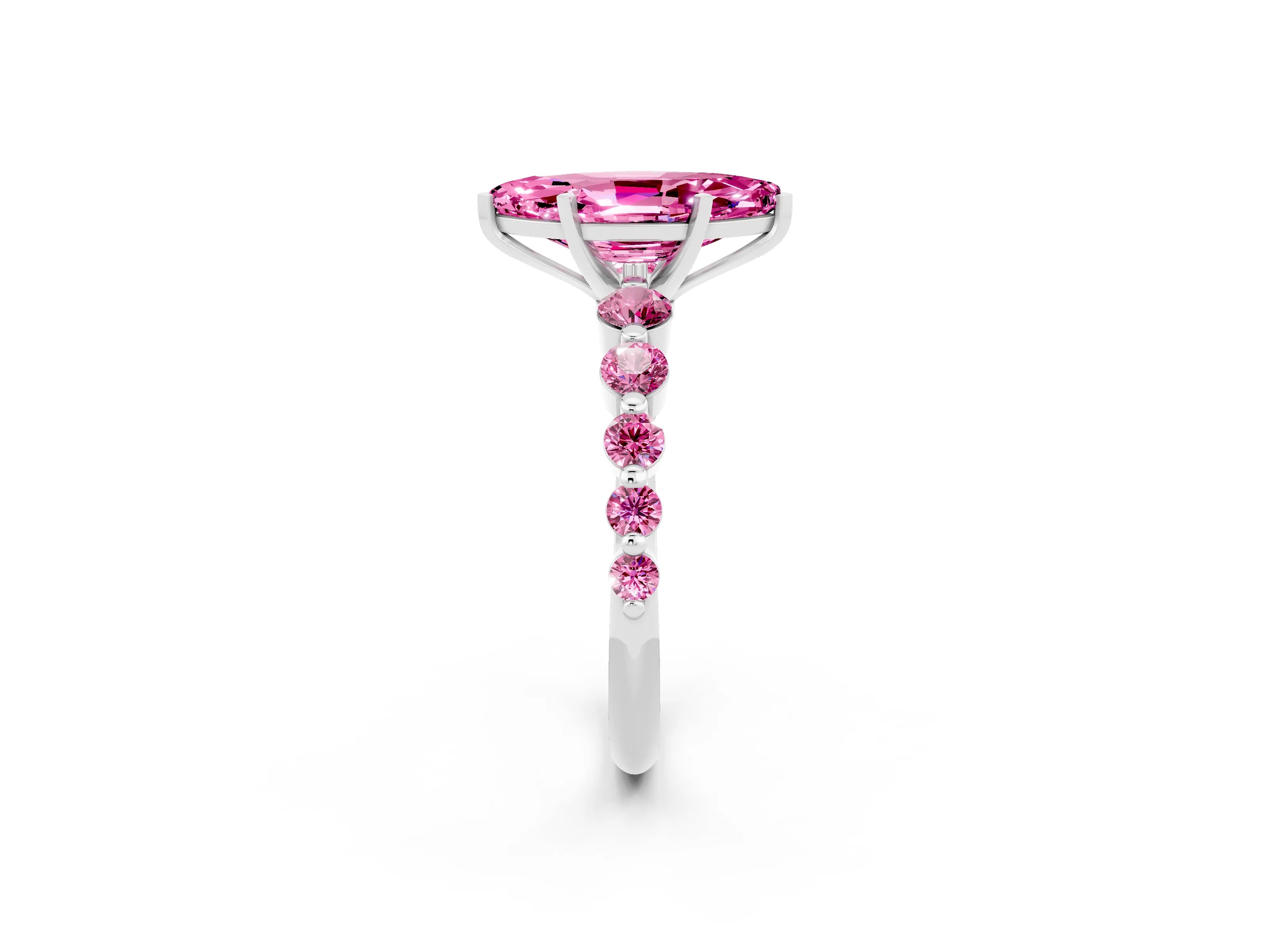 White gold Marquise Cut Solitaire Pink Sapphire Ring with Pave Band and Four-Prong Setting_2