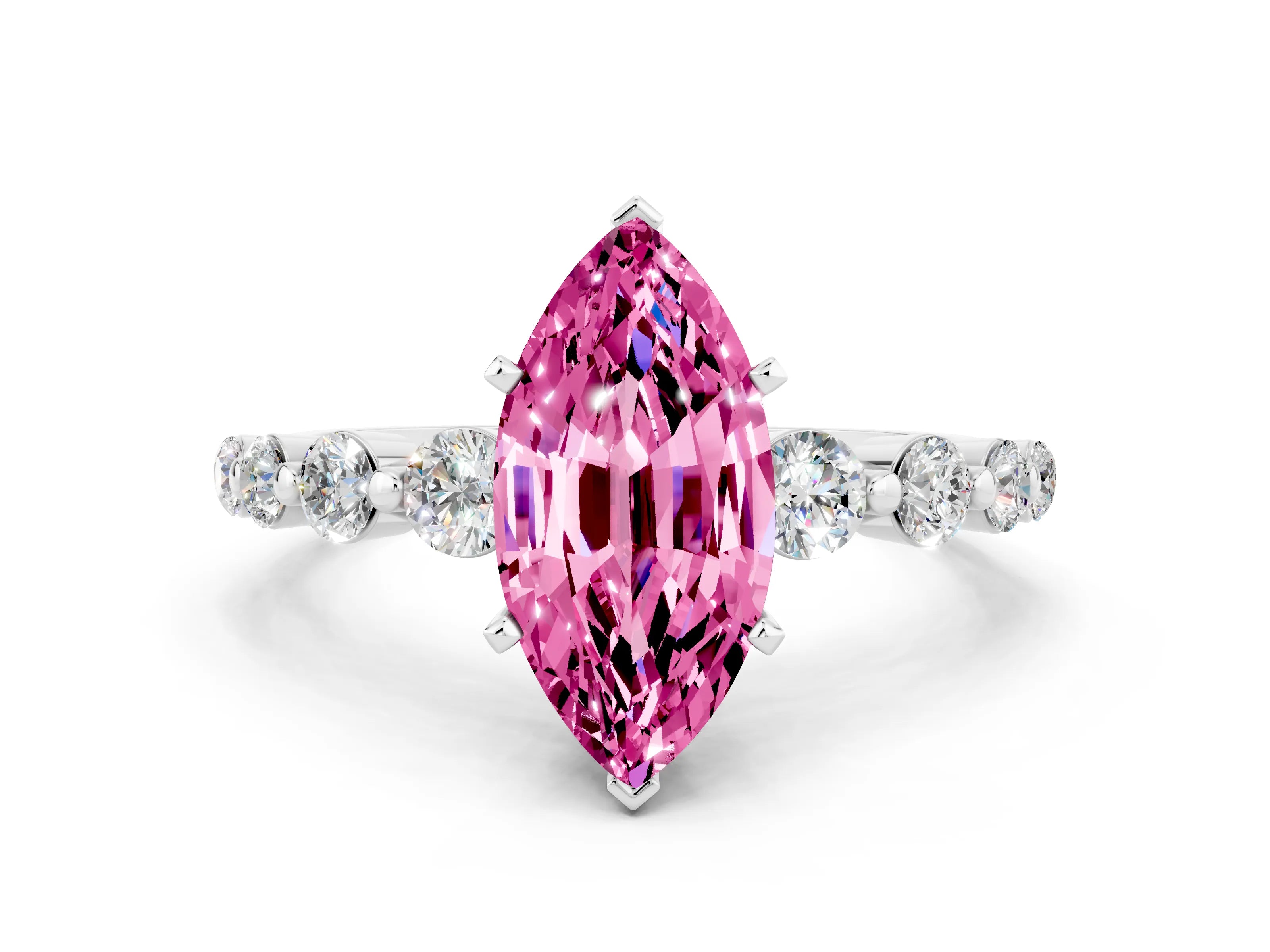 White gold Marquise Cut Solitaire Pink Sapphire Ring with Pave Band and Four-Prong Setting_24