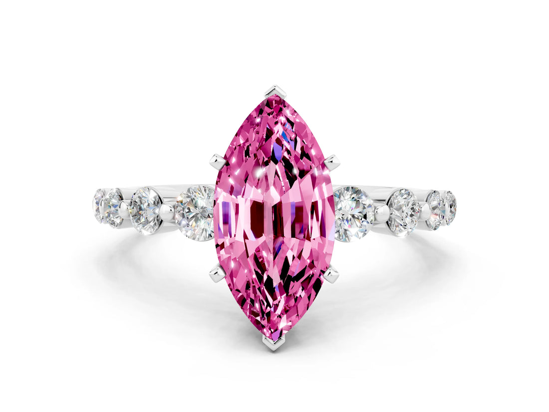 White gold Marquise Cut Solitaire Pink Sapphire Ring with Pave Band and Four-Prong Setting_24