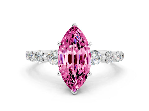 White gold Marquise Cut Solitaire Pink Sapphire Ring with Pave Band and Four-Prong Setting_24