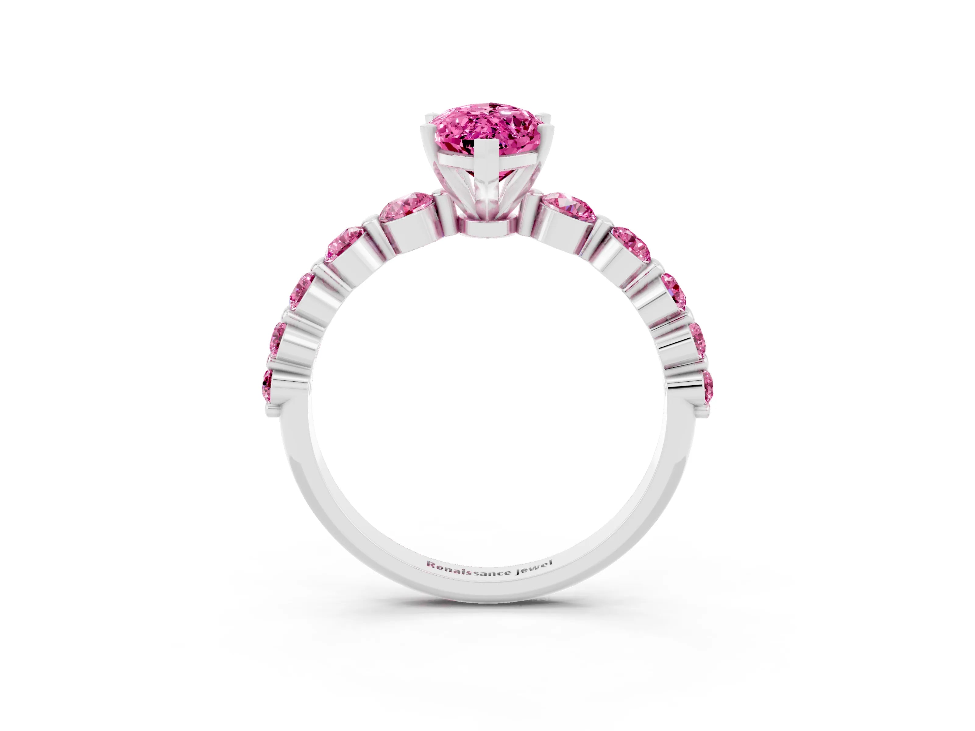 White gold Marquise Cut Solitaire Pink Sapphire Ring with Pave Band and Four-Prong Setting_3