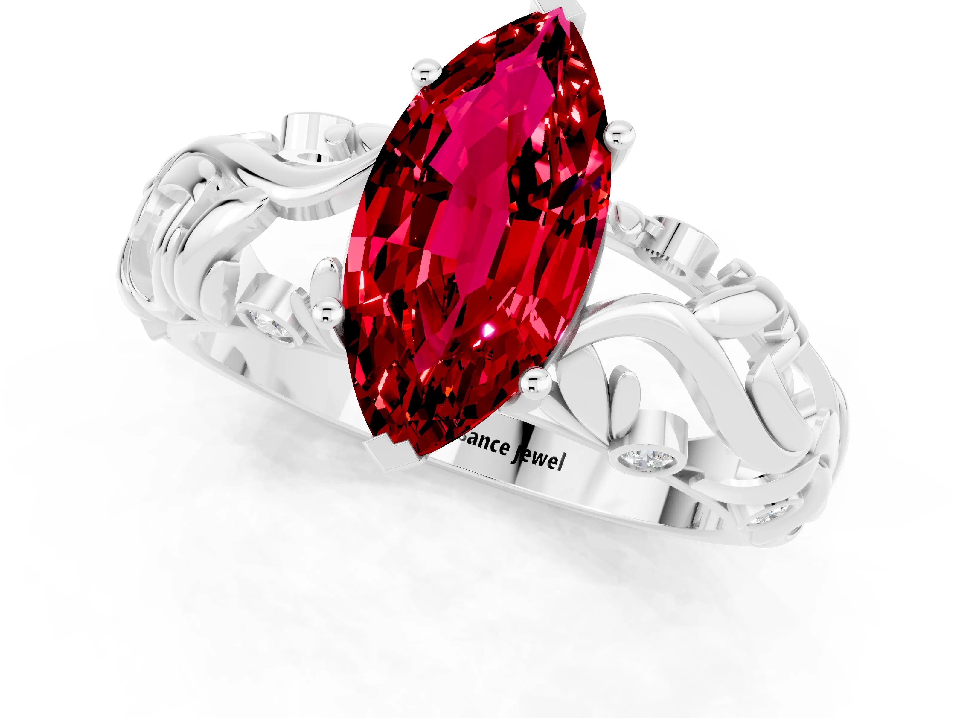 White gold Marquise Cut Solitaire Ruby Leaf-Inspired Vine Band Ring with Prong Setting_1