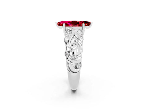 White gold Marquise Cut Solitaire Ruby Leaf-Inspired Vine Band Ring with Prong Setting_2