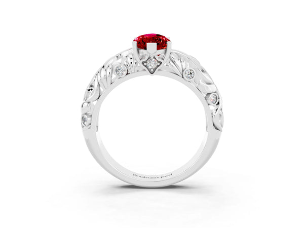 Platinum Marquise Cut Solitaire Ruby Leaf-Inspired Vine Band Ring with Prong Setting
