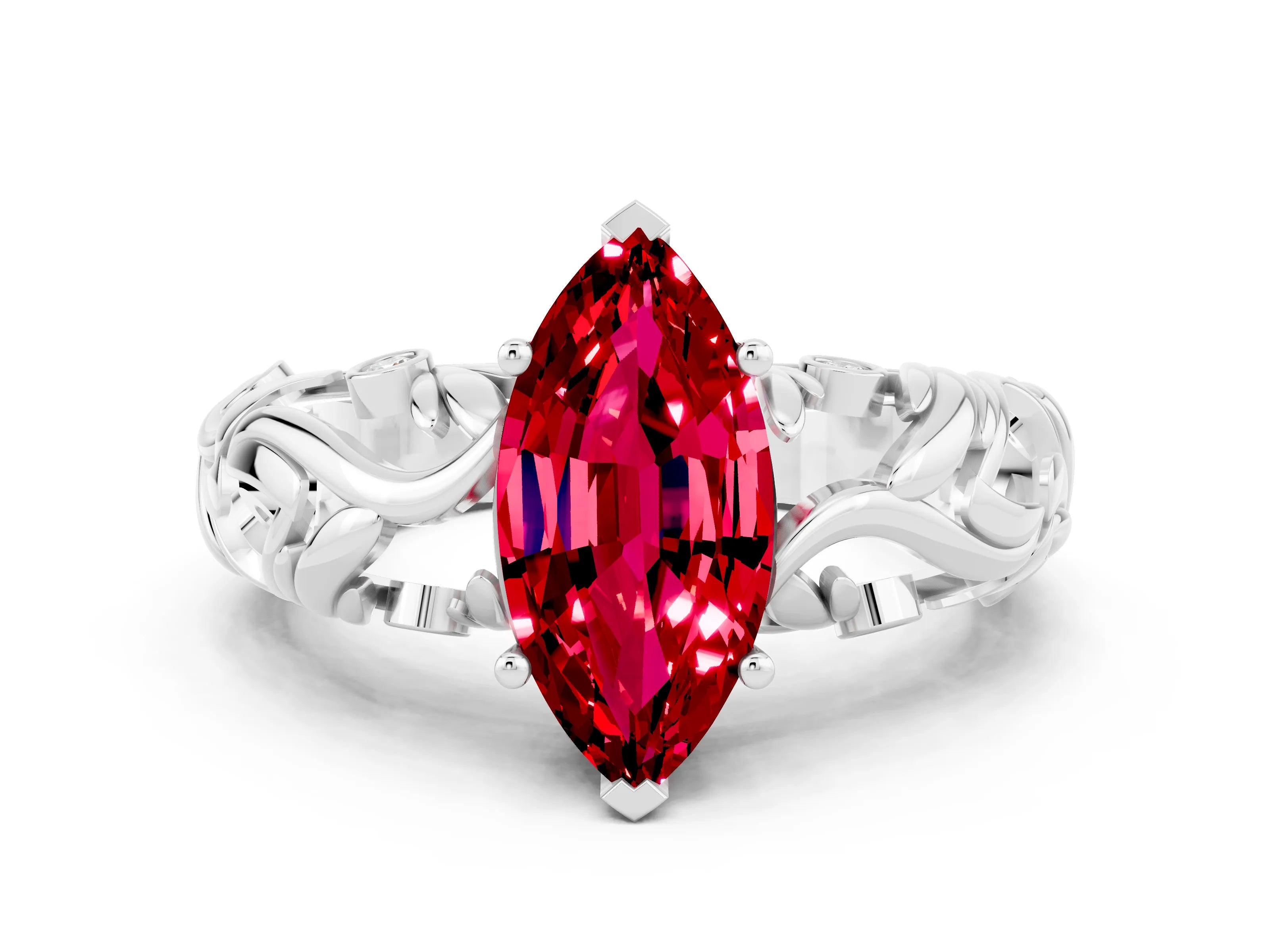 White gold Marquise Cut Solitaire Ruby Leaf-Inspired Vine Band Ring with Prong Setting