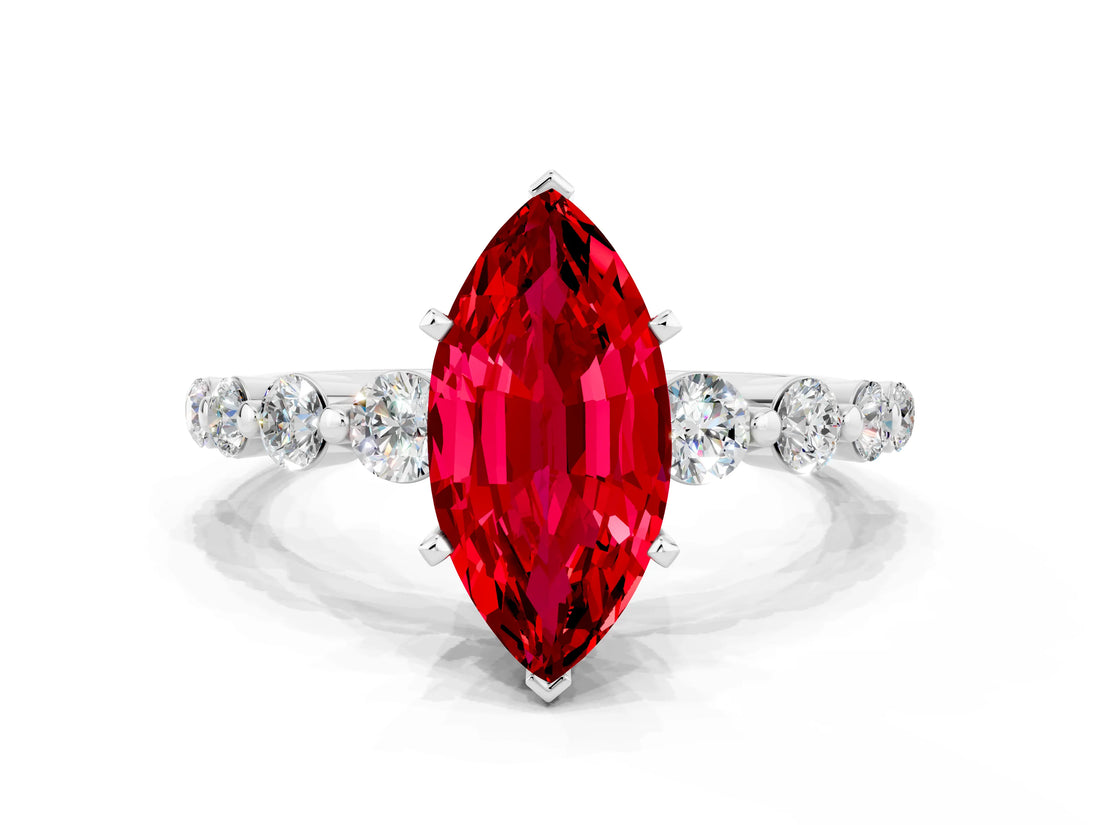 White gold Marquise Cut Solitaire Ruby Ring with Pave Band and Four-Prong Setting