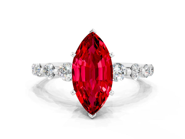 Platinum Marquise Cut Solitaire Ruby Ring with Pave Band and Four-Prong Setting