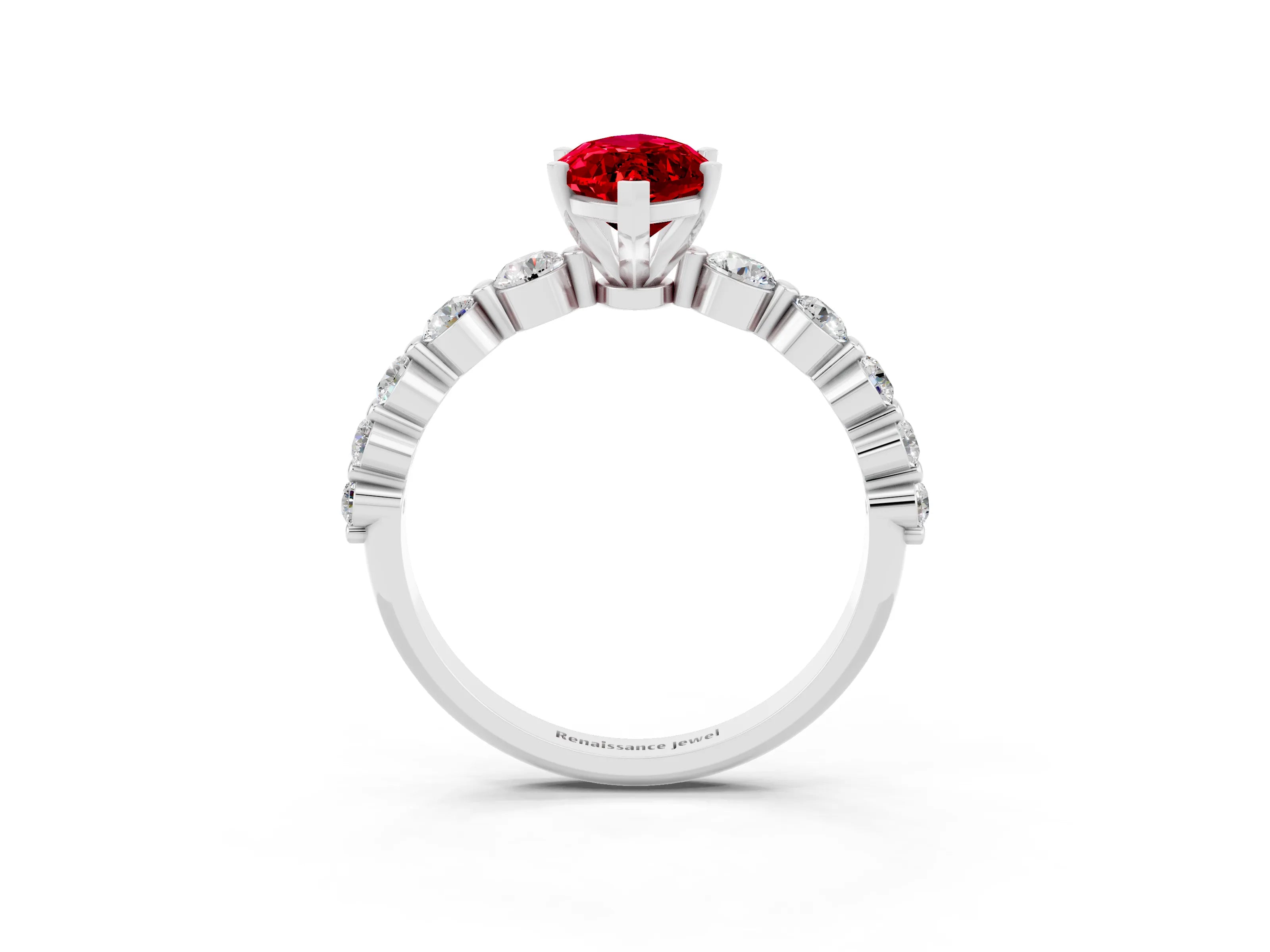 White gold Marquise Cut Solitaire Ruby Ring with Pave Band and Four-Prong Setting_3