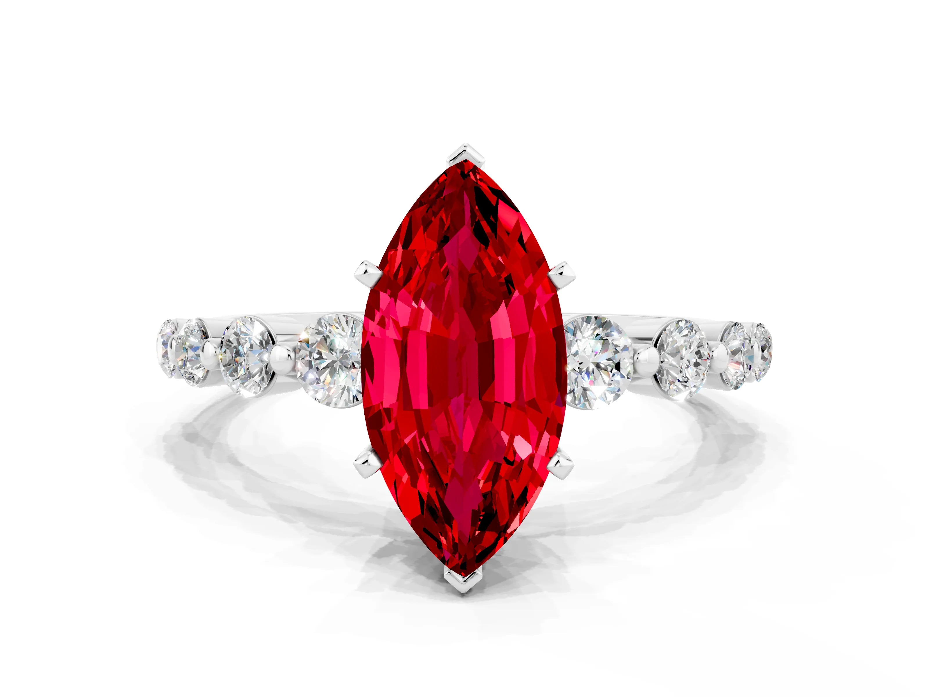 White gold Marquise Cut Solitaire Ruby Ring with Pave Band and Four-Prong Setting