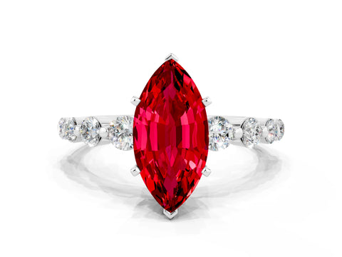 White gold Marquise Cut Solitaire Ruby Ring with Pave Band and Four-Prong Setting