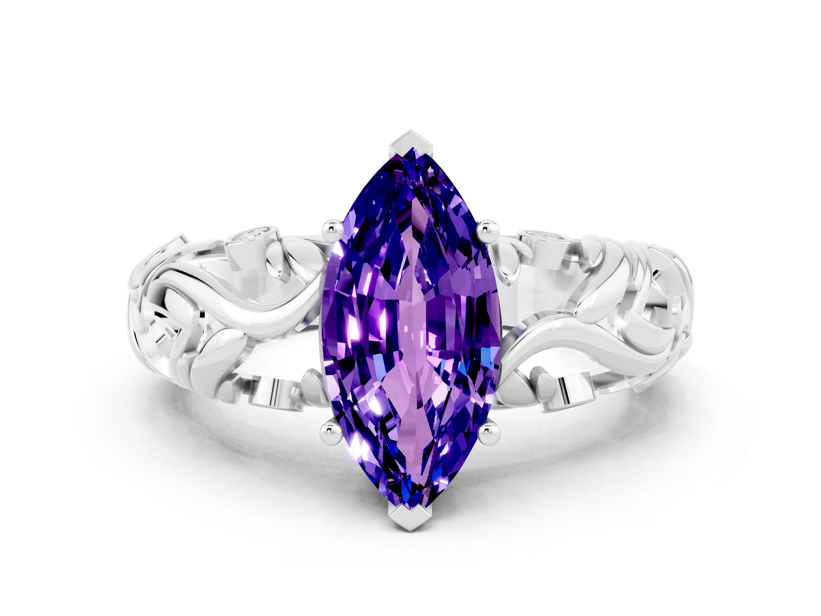 White gold Marquise Cut Solitaire Tanzanite Leaf-Inspired Vine Band Ring with Prong Setting