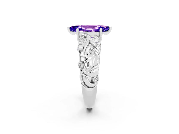 Platinum Marquise Cut Solitaire Tanzanite Leaf-Inspired Vine Band Ring with Prong Setting