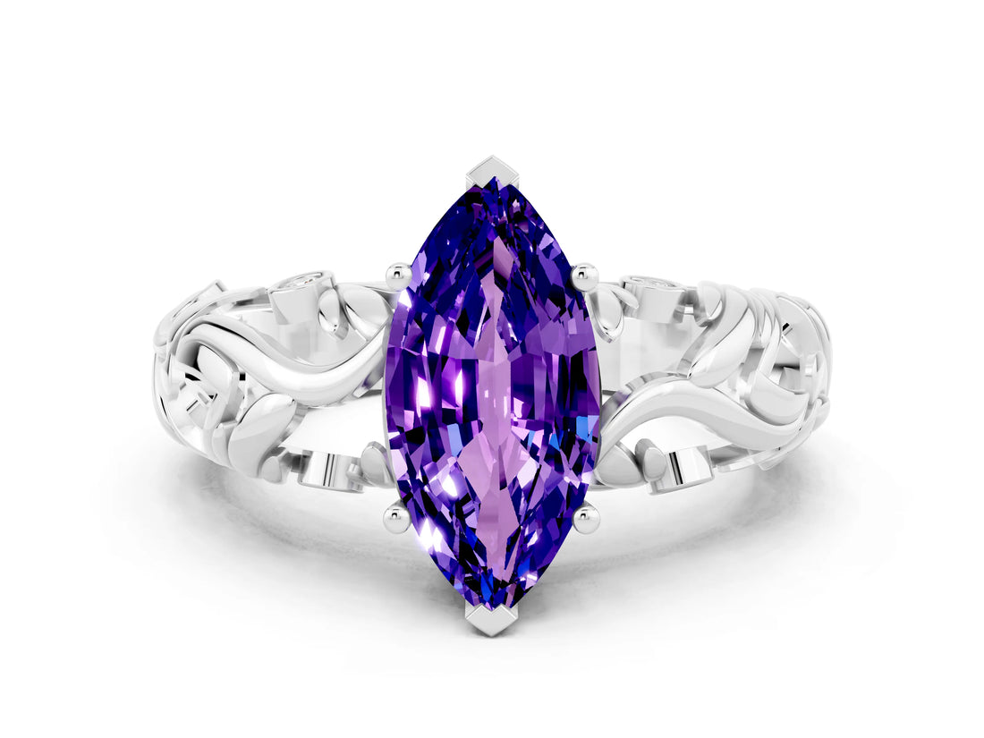 White gold Marquise Cut Solitaire Tanzanite Leaf-Inspired Vine Band Ring with Prong Setting