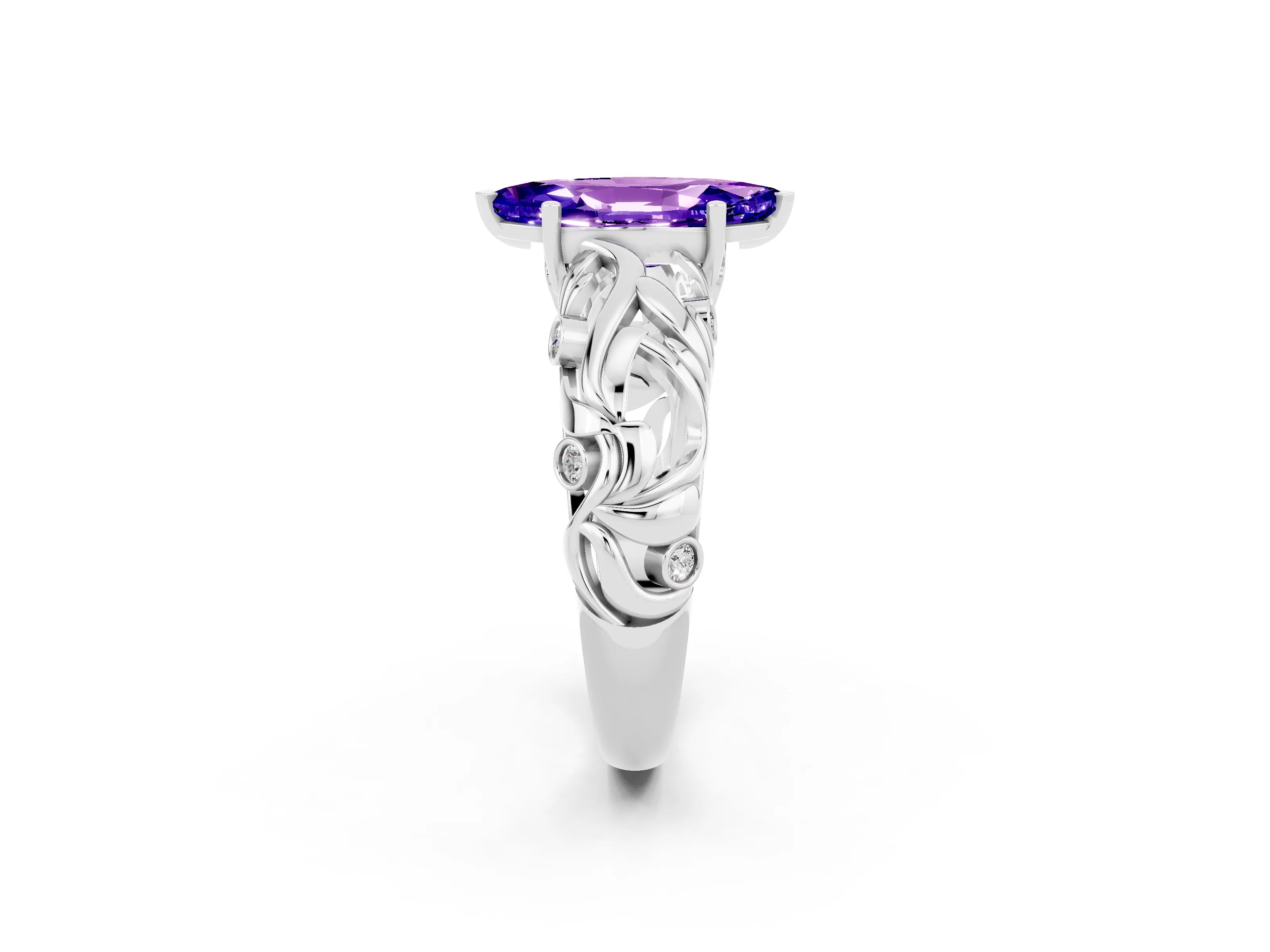 White gold Marquise Cut Solitaire Tanzanite Leaf-Inspired Vine Band Ring with Prong Setting_2