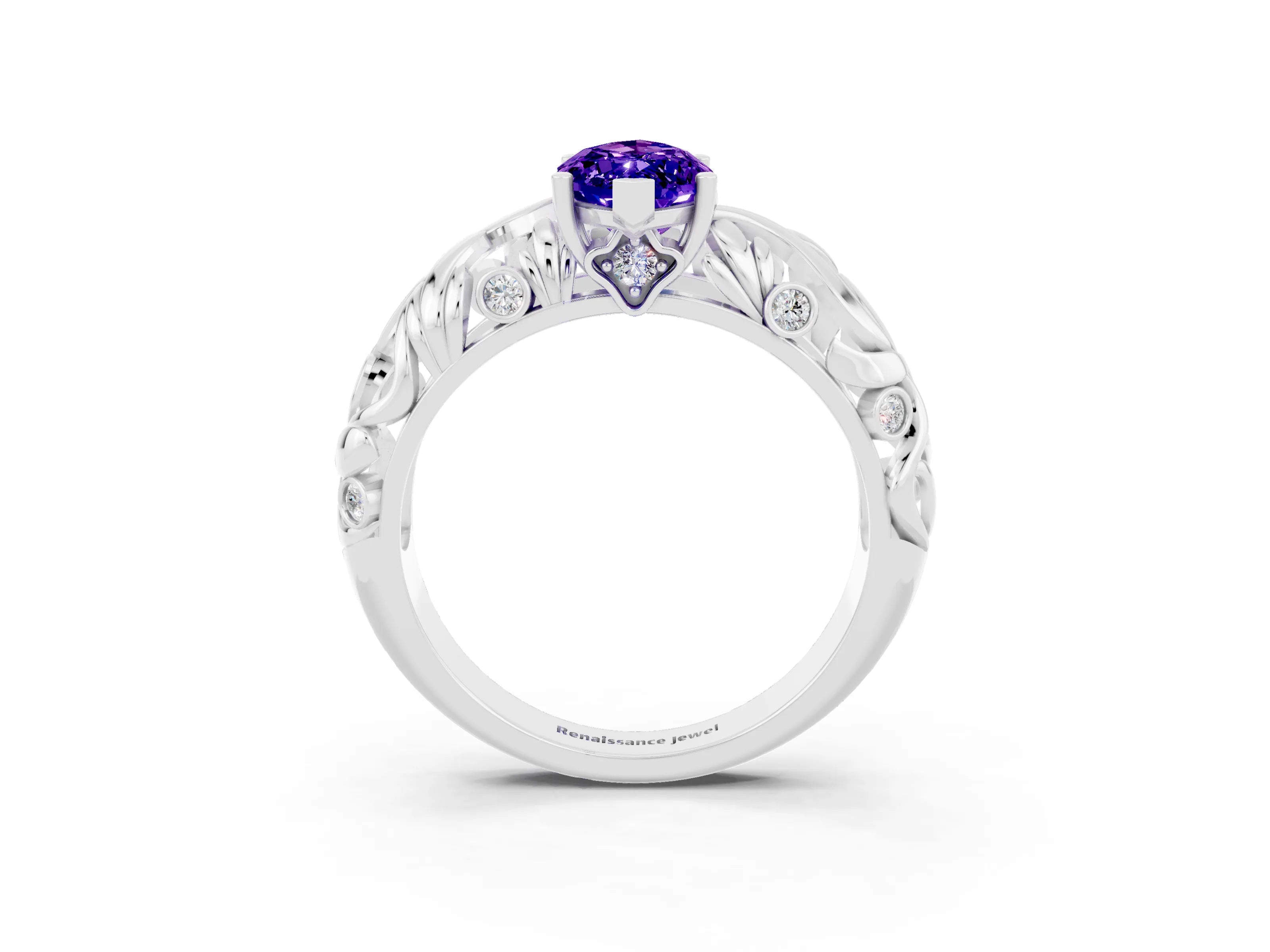White gold Marquise Cut Solitaire Tanzanite Leaf-Inspired Vine Band Ring with Prong Setting_3