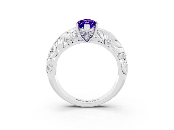 Platinum Marquise Cut Solitaire Tanzanite Leaf-Inspired Vine Band Ring with Prong Setting