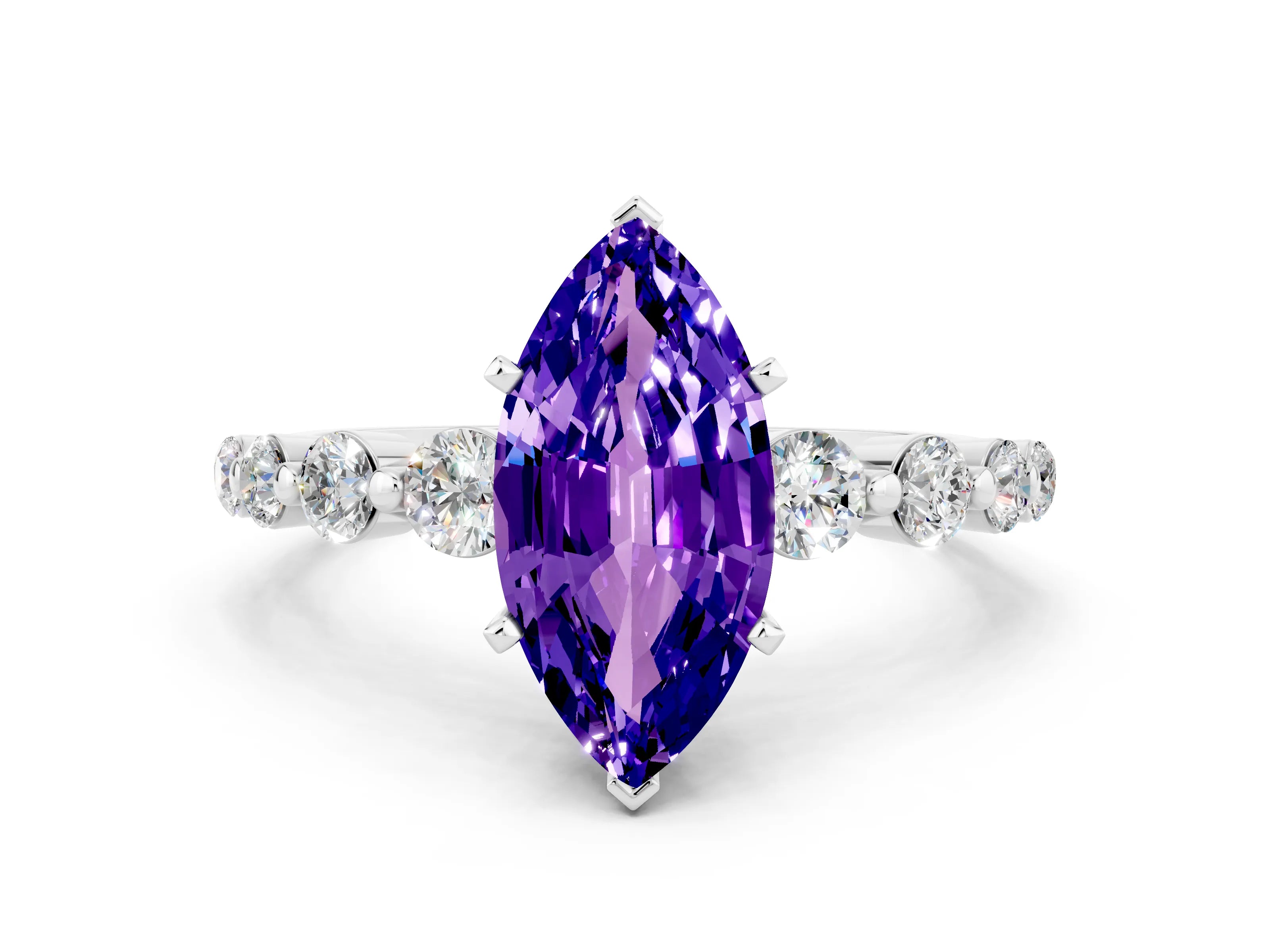 White gold Marquise Cut Solitaire Tanzanite Ring with Pave Band and Four-Prong Setting