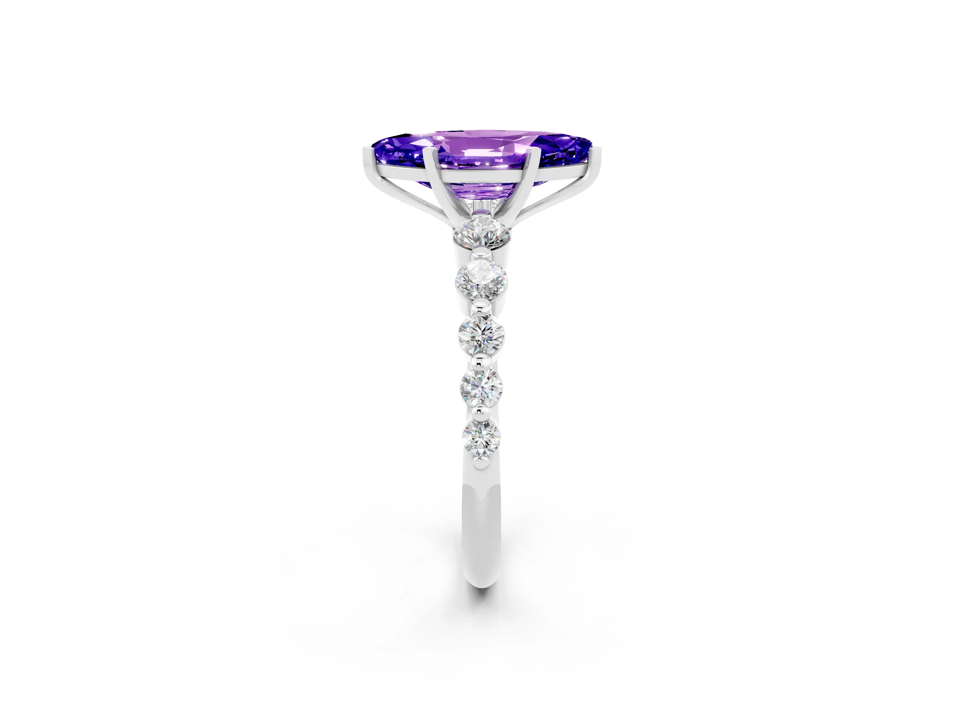 White gold Marquise Cut Solitaire Tanzanite Ring with Pave Band and Four-Prong Setting_2