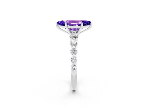 Silver Marquise Cut Solitaire Tanzanite Ring with Pave Band and Four-Prong Setting