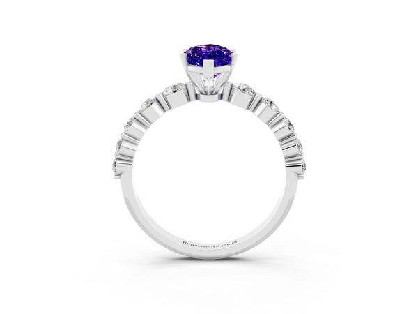 Platinum Marquise Cut Solitaire Tanzanite Ring with Pave Band and Four-Prong Setting