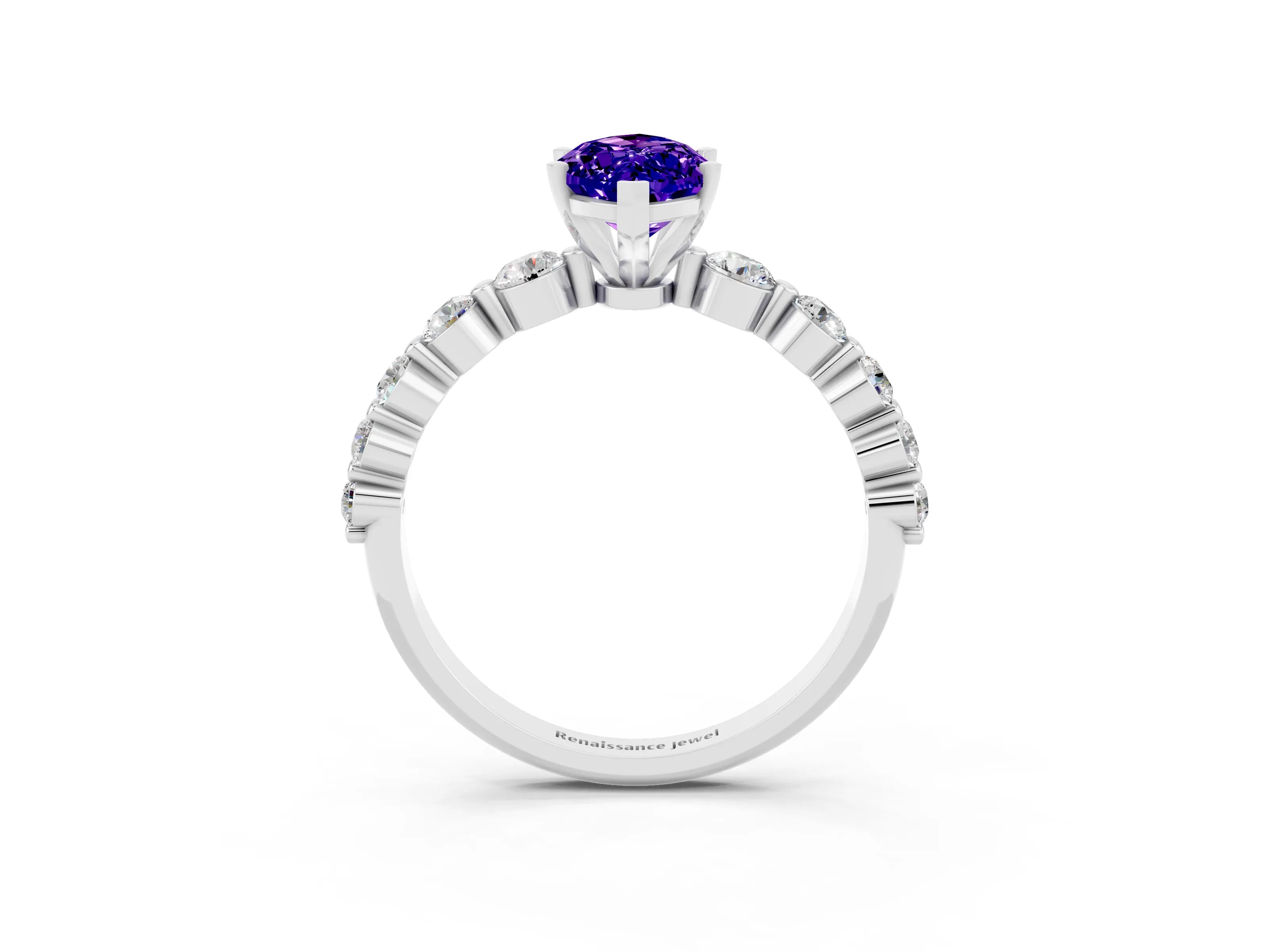 White gold Marquise Cut Solitaire Tanzanite Ring with Pave Band and Four-Prong Setting_3