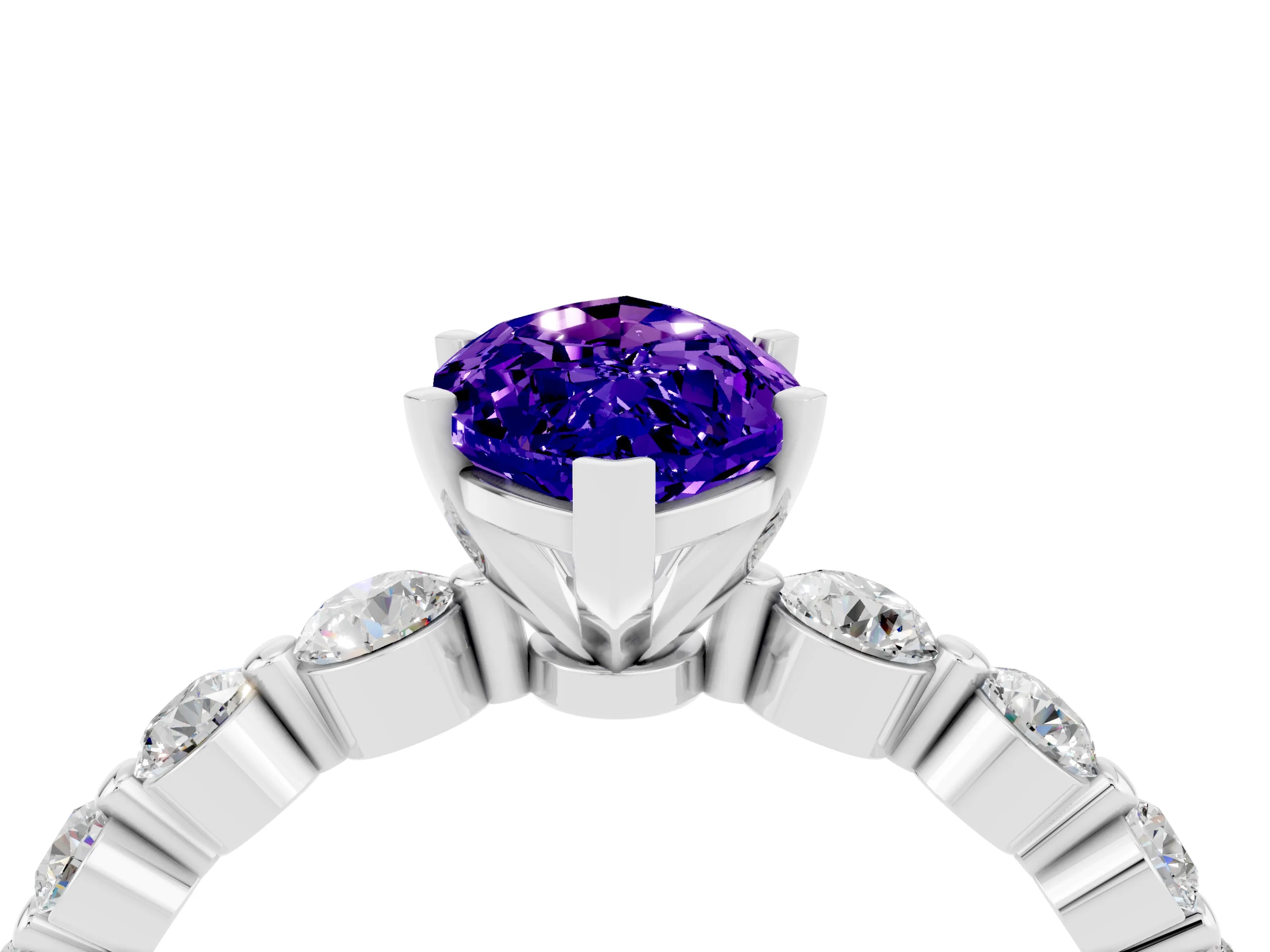 White gold Marquise Cut Solitaire Tanzanite Ring with Pave Band and Four-Prong Setting_4
