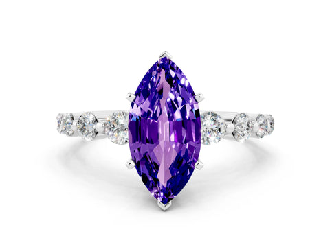 White gold Marquise Cut Solitaire Tanzanite Ring with Pave Band and Four-Prong Setting