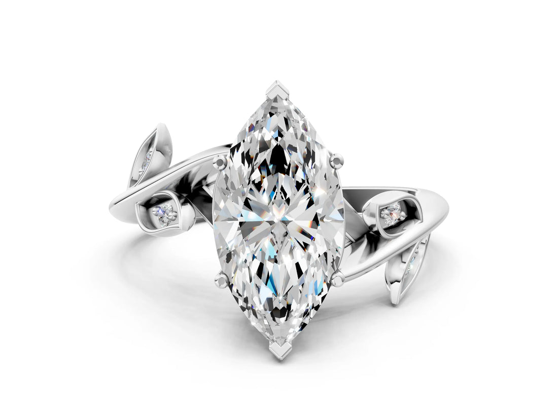 White gold Marquise Cut Solitaire Twist Engagement Ring with Leaf Accents and Prong Setting_19