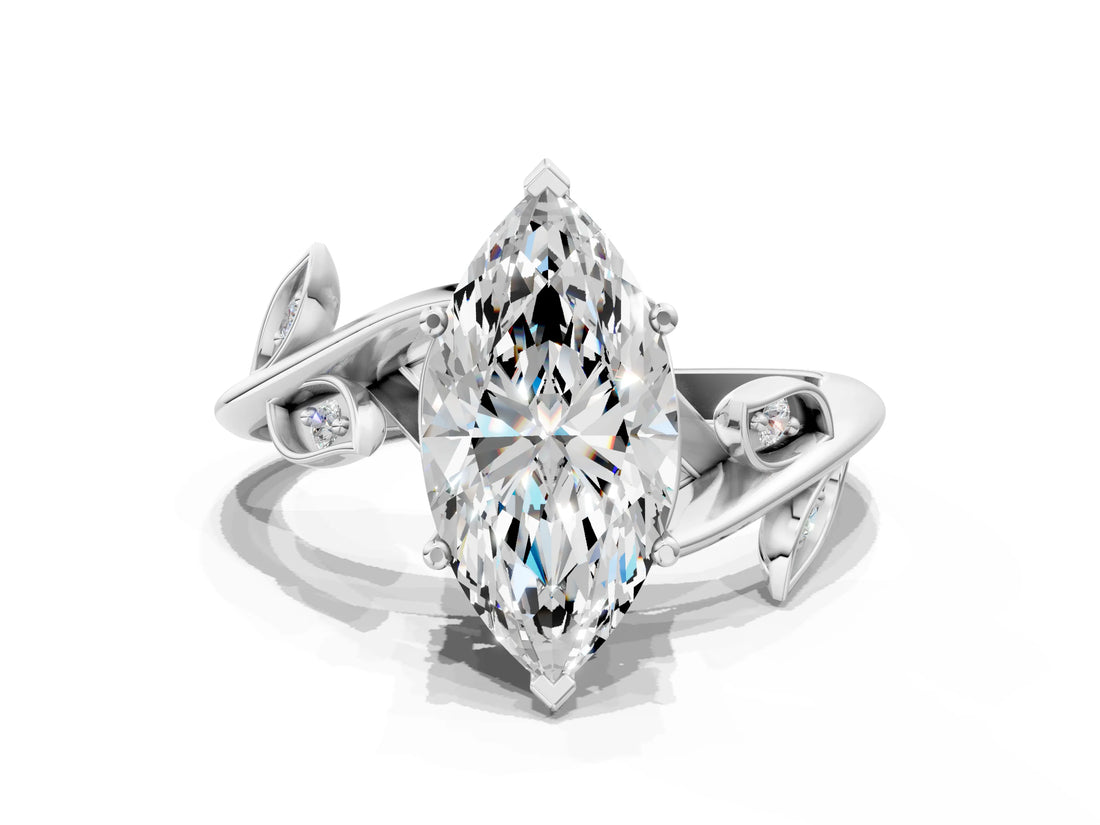 White gold Marquise Cut Solitaire Twist Engagement Ring with Leaf Accents and Prong Setting_7