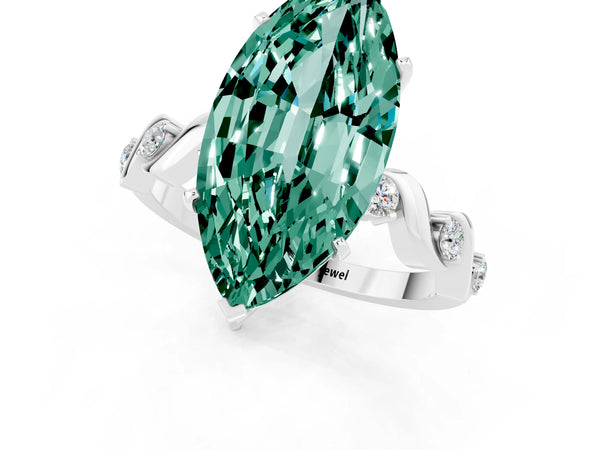 Platinum Marquise Cut Green Sapphire Solitaire Twisted Band with Round  Accents and Prong Setting