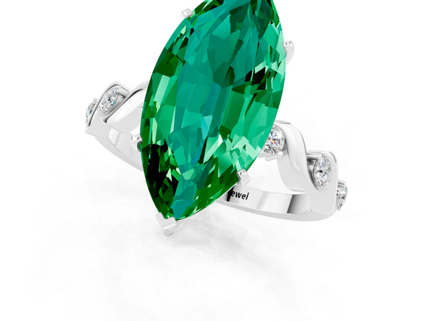 White gold Marquise Cut Emerald Solitaire Twisted Band with Round  Accents and Prong Setting