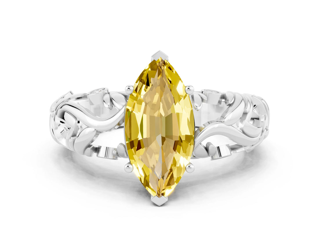 White gold Marquise Cut Solitaire Yellow Sapphire Leaf-Inspired Vine Band Ring with Prong Setting_24